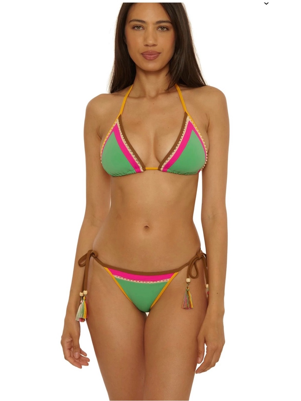 Lucky Brand Maldives Green & Pink Triangle Tie-Side Bikini Top and Bottom Set